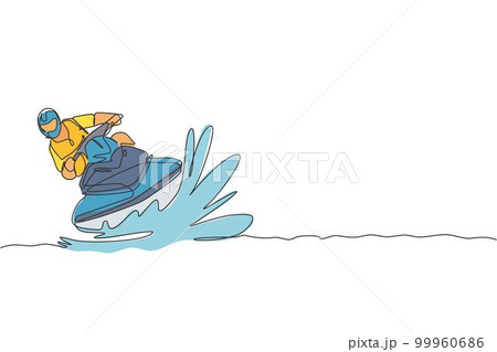 Single continuous line drawing of young sporty tourist man fun playing jet ski in the sea. Extreme dangerous sea sport concept. Summer holiday vacation. Trendy one line draw design vector illustration Single continuous line drawing of young sporty tourist man fun playing jet ski in the sea. Extreme dangerous sea sport concept. Summer holiday vacation. Trendy one line draw design vector illustration 99960686