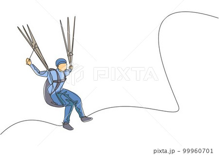 One single line drawing of young sporty man flying with paragliding parachute on the sky vector illustration graphic. Extreme sport concept. Modern continuous line draw design 99960701