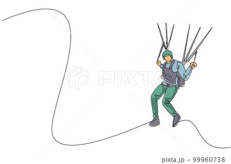 One continuous line drawing of young bravery man flying in the sky using paragliding parachute. Outdoor dangerous extreme sport concept. Dynamic single line draw design graphic vector illustration 99960738