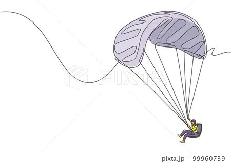 Single continuous line drawing of young tourist man flying with paragliding parachute on the sky. Extreme vacation holiday sport concept. Trendy one line draw design vector graphic illustration 99960739
