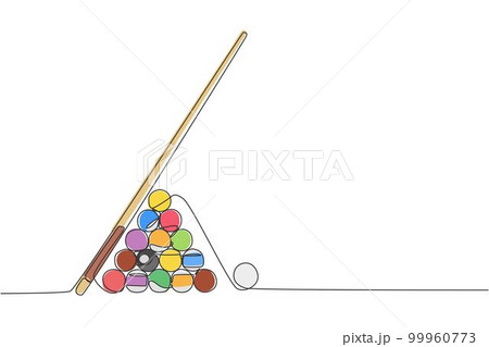 One continuous line drawing of triangle pyramid balls stack for pool billiards game at billiard room. Tournament indoor sport game concept. Dynamic single line draw graphic design vector illustration One continuous line drawing of triangle pyramid balls stack for pool billiards game at billiard room. Tournament indoor sport game concept. Dynamic single line draw graphic design vector illustration 99960773