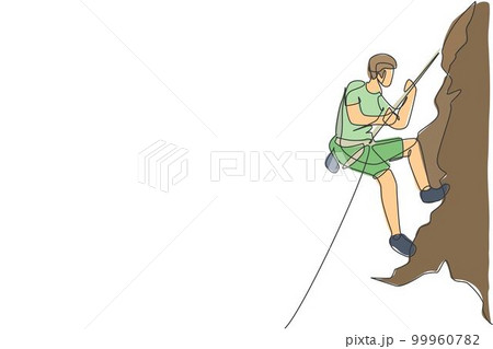 One continuous line drawing of young bravery climber man practice overhanging rock cliff mountain with safety rope. Dangerous extreme sport concept. Dynamic single line draw design vector illustration One continuous line drawing of young bravery climber man practice overhanging rock cliff mountain with safety rope. Dangerous extreme sport concept. Dynamic single line draw design vector illustration 99960782