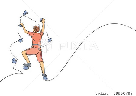 Single continuous line drawing of young muscular rockclimber man climbing hanging on mountain grip. Outdoor active lifestyle and rock climbing concept. Trendy one line draw design vector illustration Single continuous line drawing of young muscular rockclimber man climbing hanging on mountain grip. Outdoor active lifestyle and rock climbing concept. Trendy one line draw design vector illustration 99960785