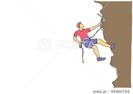 One single line drawing of young active man climbing on cliff mountain holding safety rope vector graphic illustration. Extreme outdoor sport and bouldering concept. Modern continuous line draw design 99960788