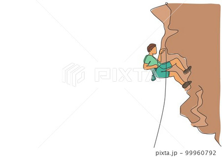 One single line drawing of young active man climbing on cliff mountain holding safety rope vector graphic illustration. Extreme outdoor sport and bouldering concept. Modern continuous line draw design One single line drawing of young active man climbing on cliff mountain holding safety rope vector graphic illustration. Extreme outdoor sport and bouldering concept. Modern continuous line draw design 99960792