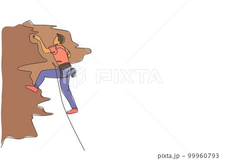 One continuous line drawing of young bravery climber man practice overhanging rock cliff mountain with safety rope. Dangerous extreme sport concept. Dynamic single line draw design vector illustration One continuous line drawing of young bravery climber man practice overhanging rock cliff mountain with safety rope. Dangerous extreme sport concept. Dynamic single line draw design vector illustration 99960793
