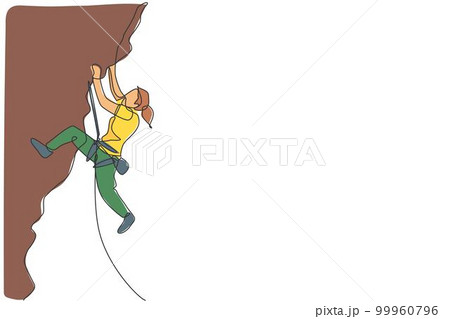 One single line drawing young active woman climbing on cliff mountain holding safety rope vector illustration graphic. Extreme outdoor sport and bouldering concept. Modern continuous line draw design One single line drawing young active woman climbing on cliff mountain holding safety rope vector illustration graphic. Extreme outdoor sport and bouldering concept. Modern continuous line draw design 99960796