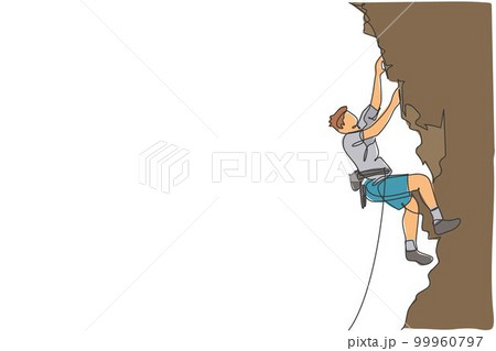 One single line drawing of young active man climbing on cliff mountain holding safety rope vector illustration graphic. Extreme outdoor sport and bouldering concept. Modern continuous line draw design 99960797