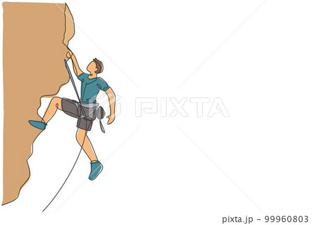 Single continuous line drawing of young muscular rockclimber man climbing hanging on mountain grip. Outdoor active lifestyle and rock climbing concept. Trendy one line draw design vector illustration Single continuous line drawing of young muscular rockclimber man climbing hanging on mountain grip. Outdoor active lifestyle and rock climbing concept. Trendy one line draw design vector illustration 99960803