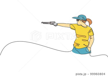 One single line drawing young woman practicing to shot target in range on shooting training ground vector graphic illustration. Clay pigeon shooting sport concept. Modern continuous line draw design One single line drawing young woman practicing to shot target in range on shooting training ground vector graphic illustration. Clay pigeon shooting sport concept. Modern continuous line draw design 99960804