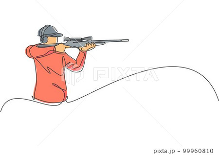 Single continuous line drawing of young athlete man shooter holding gun and training to aim target tactical shooting. Shooting sport training concept. Trendy one line draw design vector illustration 99960810
