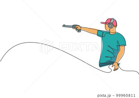 One single line drawing of young man practicing to shot target in range on shooting training ground vector illustration graphic. Clay pigeon shooting sport concept. Modern continuous line draw design One single line drawing of young man practicing to shot target in range on shooting training ground vector illustration graphic. Clay pigeon shooting sport concept. Modern continuous line draw design 99960811