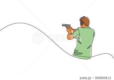 One continuous line drawing of young man on shooting training ground practice for competition with pistol handgun. Outdoor shooting sport concept. Dynamic single line draw design vector illustration One continuous line drawing of young man on shooting training ground practice for competition with pistol handgun. Outdoor shooting sport concept. Dynamic single line draw design vector illustration 99960812