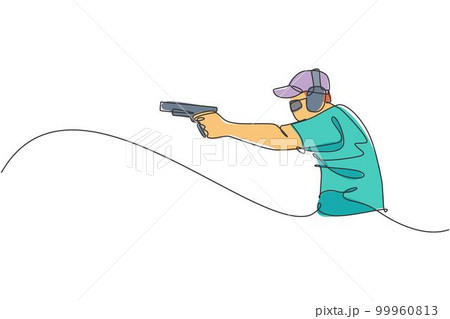 One single line drawing of young man practicing to shot target in range on shooting training ground vector graphic illustration. Clay pigeon shooting sport concept. Modern continuous line draw design 99960813
