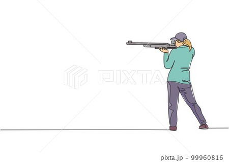 One single line drawing young woman practicing to shot target in range on shooting training ground vector graphic illustration. Clay pigeon shooting sport concept. Modern continuous line draw design 99960816