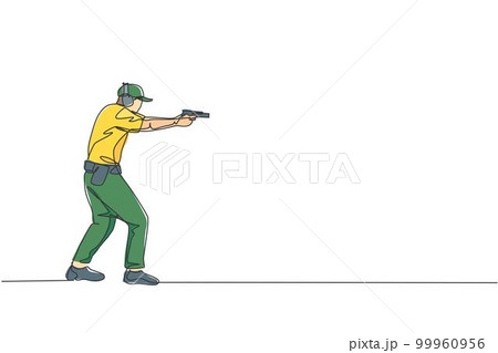 One continuous line drawing of young man on shooting training ground practice for competition with pistol handgun. Outdoor shooting sport concept. Dynamic single line draw design vector illustration One continuous line drawing of young man on shooting training ground practice for competition with pistol handgun. Outdoor shooting sport concept. Dynamic single line draw design vector illustration 99960956