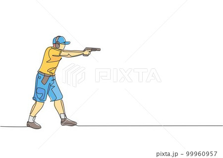 One single line drawing of young man practicing to shot target in range on shooting training ground graphic vector illustration. Clay pigeon shooting sport concept. Modern continuous line draw design 99960957