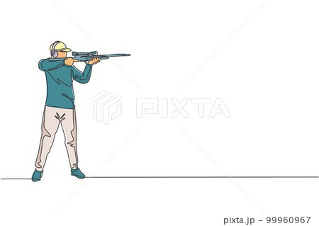 One single line drawing of young man practicing to shot target in range on shooting training ground vector illustration graphic. Clay pigeon shooting sport concept. Modern continuous line draw design One single line drawing of young man practicing to shot target in range on shooting training ground vector illustration graphic. Clay pigeon shooting sport concept. Modern continuous line draw design 99960967