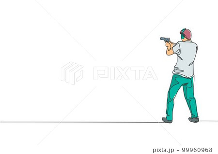 Single continuous line drawing of young athlete man shooter holding gun and training to aim target tactical shooting. Shooting sport training concept. Trendy one line draw design vector illustration Single continuous line drawing of young athlete man shooter holding gun and training to aim target tactical shooting. Shooting sport training concept. Trendy one line draw design vector illustration 99960968