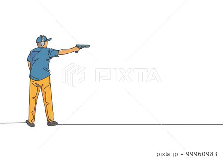 One continuous line drawing of young man on shooting training ground practice for competition with pistol handgun. Outdoor shooting sport concept. Dynamic single line draw design vector illustration 99960983