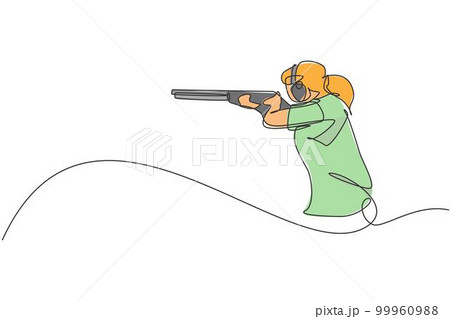One single line drawing young woman practicing to shot target in range on shooting training ground vector graphic illustration. Clay pigeon shooting sport concept. Modern continuous line draw design One single line drawing young woman practicing to shot target in range on shooting training ground vector graphic illustration. Clay pigeon shooting sport concept. Modern continuous line draw design 99960988