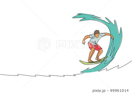Single continuous line drawing young professional surfer in action riding the waves on blue ocean. Extreme watersport concept. Summer vacation. Trendy one line draw design graphic vector illustration Single continuous line drawing young professional surfer in action riding the waves on blue ocean. Extreme watersport concept. Summer vacation. Trendy one line draw design graphic vector illustration 99961014