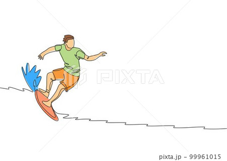 One single line drawing of young sporty surfer man riding on big waves in surfing beach paradise vector illustration graphic. Extreme water sport concept. Modern continuous line draw design 99961015