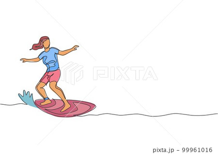 One continuous line drawing young happy tourist surfer exercising surfing on wavy ocean. Healthy extreme watersport concept. Summer holiday. Dynamic single line draw design vector graphic illustration 99961016