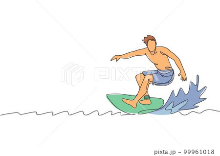 Single continuous line drawing young professional surfer in action riding the waves on blue ocean. Extreme watersport concept. Summer vacation. Trendy one line draw design graphic vector illustration 99961018