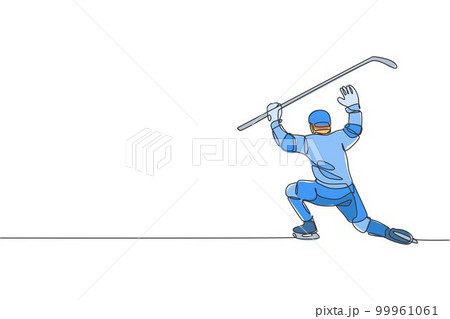 Single continuous line drawing of young professional ice hockey goalie block the puck shot and defense on ice rink arena. Extreme winter sport concept. Trendy one line draw design vector illustration Single continuous line drawing of young professional ice hockey goalie block the puck shot and defense on ice rink arena. Extreme winter sport concept. Trendy one line draw design vector illustration 99961061