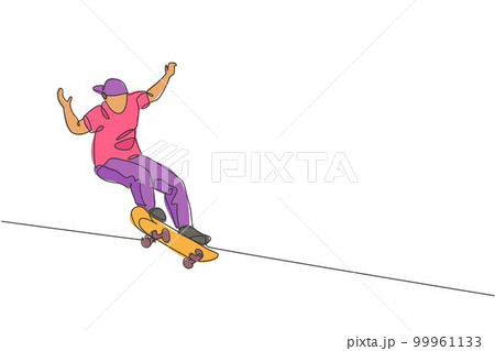 Single continuous line drawing of young cool skateboarder man riding skate and performing jump trick in skate park. Practicing outdoor sport concept. Trendy one line draw design vector illustration Single continuous line drawing of young cool skateboarder man riding skate and performing jump trick in skate park. Practicing outdoor sport concept. Trendy one line draw design vector illustration 99961133
