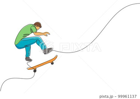 Single continuous line drawing of young cool skateboarder man riding skate and performing jump trick in skate park. Practicing outdoor sport concept. Trendy one line draw design vector illustration 99961137