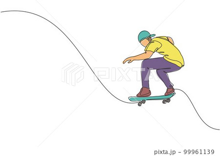 One continuous line drawing of young cool skateboarder man riding skateboard and doing a jump trick in skatepark. Extreme teenager sport concept. Dynamic single line draw design vector illustration One continuous line drawing of young cool skateboarder man riding skateboard and doing a jump trick in skatepark. Extreme teenager sport concept. Dynamic single line draw design vector illustration 99961139