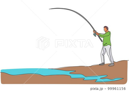 One continuous line drawing of young happy fisherman standing and fishing a fish at the riverside. Fishing leisure hobby vacation concept. Dynamic single line draw design vector graphic illustration One continuous line drawing of young happy fisherman standing and fishing a fish at the riverside. Fishing leisure hobby vacation concept. Dynamic single line draw design vector graphic illustration 99961156