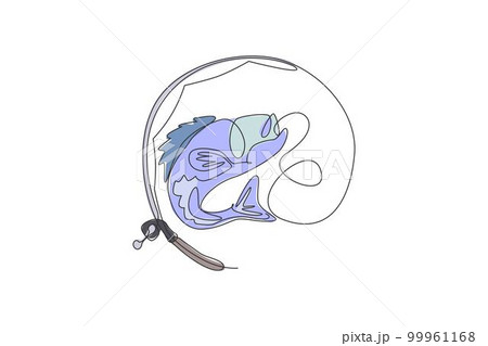 One single line drawing of fishing club lover and fisherman logo icon symbol vector graphic illustration. Holiday traveling for fishing hobby concept. Modern continuous line draw design 99961168