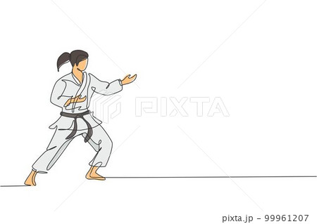 One continuous line drawing of young talented karateka girl train pose for duel fighting at dojo gym center. Mastering martial art sport concept. Dynamic single line draw design vector illustration One continuous line drawing of young talented karateka girl train pose for duel fighting at dojo gym center. Mastering martial art sport concept. Dynamic single line draw design vector illustration 99961207