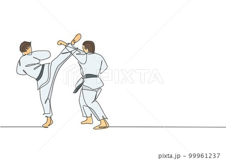 Single continuous line drawing two young confident karateka men in kimono practicing karate combat at dojo. Martial art sport training concept. Trendy one line draw graphic design vector illustration Single continuous line drawing two young confident karateka men in kimono practicing karate combat at dojo. Martial art sport training concept. Trendy one line draw graphic design vector illustration 99961237