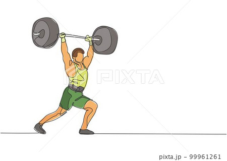 One continuous line drawing of young bodybuilder man doing exercise with a heavy weight bar in gym. Powerlifter train weightlifting concept. Dynamic single line draw design graphic vector illustration 99961261