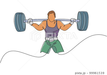 Single continuous line drawing of young strong weightlifter man preparing for barbell workout in gym. Weight lifting training concept. Trendy one line draw design vector graphic illustration 99961539