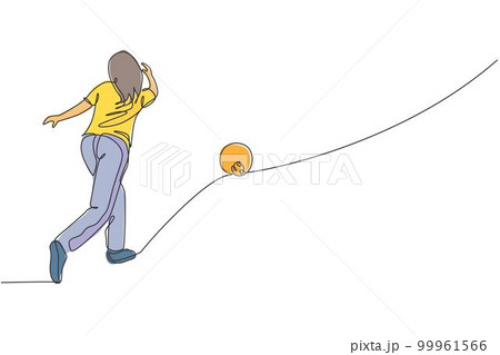One single line drawing young talented bowling player woman throw ball to hit bowling pins graphic vector illustration. Healthy people lifestyle and sport concept. Modern continuous line draw design One single line drawing young talented bowling player woman throw ball to hit bowling pins graphic vector illustration. Healthy people lifestyle and sport concept. Modern continuous line draw design 99961566