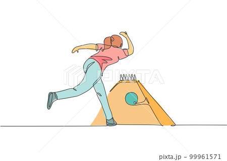 One single line drawing young talented bowling player woman throw ball to hit bowling pins vector illustration graphic. Healthy people lifestyle and sport concept. Modern continuous line draw design 99961571