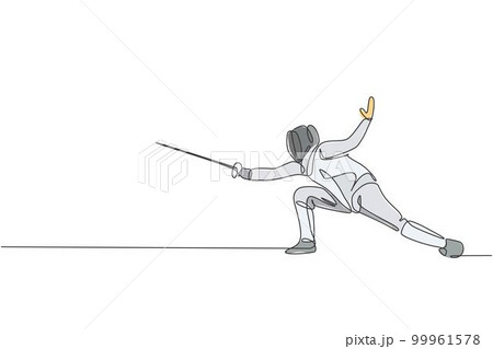One continuous line drawing of young woman fencing athlete practice fighting on professional sport arena. Fencing costume and holding sword concept. Dynamic single line draw design vector illustration One continuous line drawing of young woman fencing athlete practice fighting on professional sport arena. Fencing costume and holding sword concept. Dynamic single line draw design vector illustration 99961578