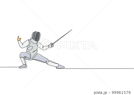 One continuous line drawing of young man fencing athlete practice fighting on professional sport arena. Fencing costume and holding sword concept. Dynamic single line draw design vector illustration One continuous line drawing of young man fencing athlete practice fighting on professional sport arena. Fencing costume and holding sword concept. Dynamic single line draw design vector illustration 99961579