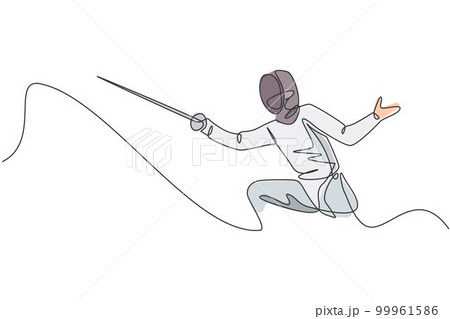One single line drawing of young woman fencer athlete in fencing costume exercising motion on sport arena vector illustration. Combative and fighting sport concept. Modern continuous line draw design One single line drawing of young woman fencer athlete in fencing costume exercising motion on sport arena vector illustration. Combative and fighting sport concept. Modern continuous line draw design 99961586