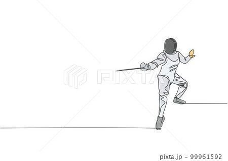 One single line drawing of young man fencer athlete in fencing costume exercising motion on sport arena vector illustration. Combative and fighting sport concept. Modern continuous line draw design 99961592