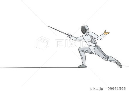 One single line drawing of young man fencer athlete in fencing costume exercising motion on sport arena vector illustration. Combative and fighting sport concept. Modern continuous line draw design 99961596