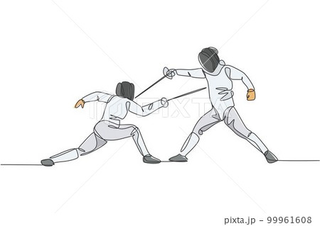 One single line drawing of two young men fencer athlete in fencing costume exercise motion on sport arena vector illustration. Combative and fighting sport concept. Modern continuous line draw design One single line drawing of two young men fencer athlete in fencing costume exercise motion on sport arena vector illustration. Combative and fighting sport concept. Modern continuous line draw design 99961608