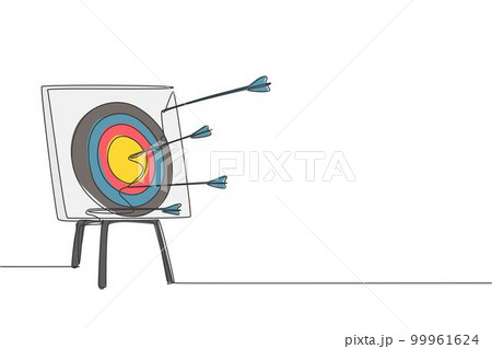 One continuous line drawing of arrows was shoot to an archery target board. Archery sport training and exercising concept. Dynamic single line draw design vector graphic illustration 99961624
