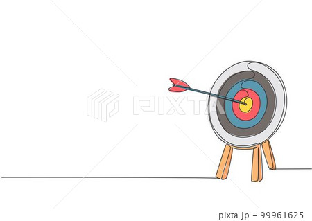 One continuous line drawing of arrow was shot bullseye to archery target board. Archery sport equipment concept. Dynamic single line draw design graphic vector illustration One continuous line drawing of arrow was shot bullseye to archery target board. Archery sport equipment concept. Dynamic single line draw design graphic vector illustration 99961625
