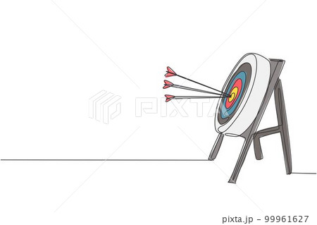 One continuous line drawing of arrows was shot bullseye to archery target, side view. Archery sport training and exercising concept. Dynamic single line draw graphic design vector illustration 99961627